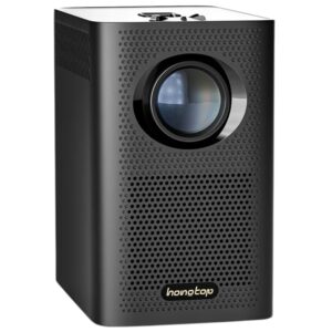 Video projecteur. Ce video projecteur propose un design sobre et épuré, disponible en noir ou blanc, lui permettant de s'incorporer dans tous les décors. C'est un video projecteur très performant avec sa puissance de 65 watts et sa résolution 4K. Il fonctionne aux LED et possède une luminosité de 400 lumens. Ses dimensions de projection sont de 40 à 120 pouces. Il possède des haut-parleurs intégrés pour une expérience audio-visuelle optimale et il est compatible en bluetooth. Sa connectivité étendue vous permet de brancher de nombreux appareils multimédias comme un téléphone portable, un ordinateur, des enceintes, des écouteurs, des consoles... ce qui confère à ce video projecteur une grande polyvalence d'utilisation. Il est également fourni avec une télécommande pour pouvoir l'utiliser à distance.